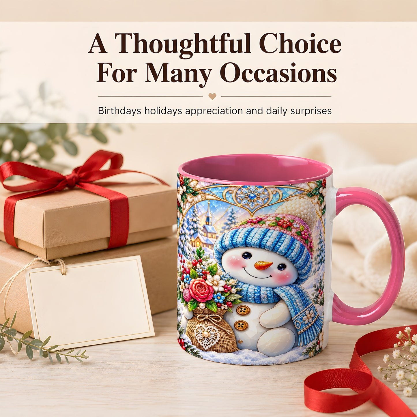 #pl[11oz|Pink] Floral Snowman Coffee Mug, Winter Bouquet Snowman Mug, Ceramic Cup