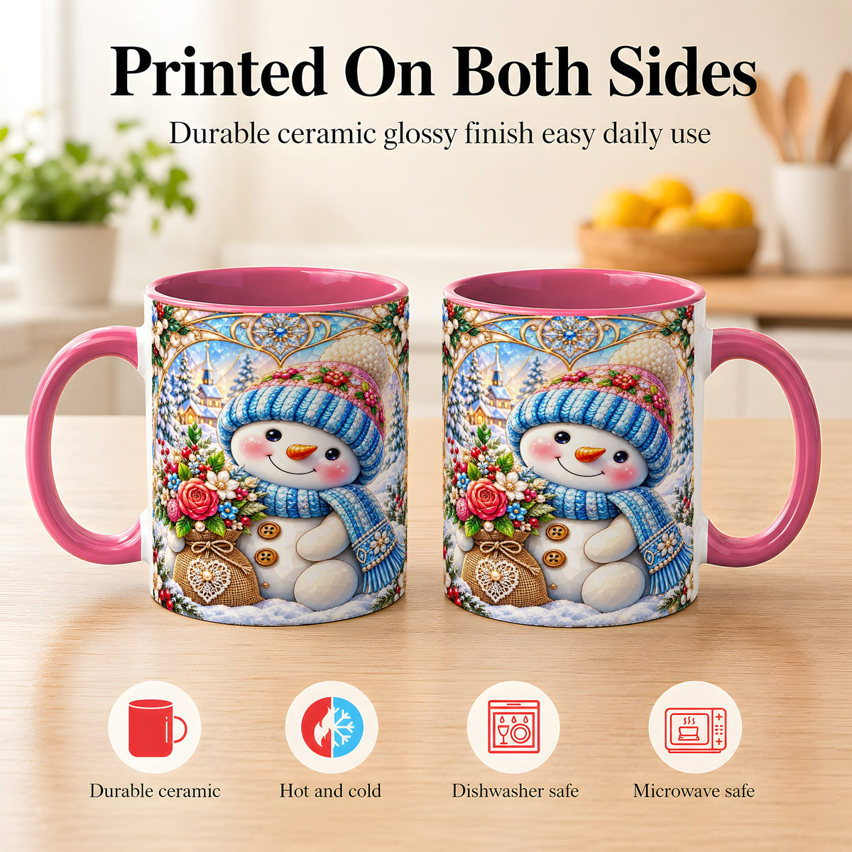 #pl[11oz|Pink] Floral Snowman Coffee Mug, Winter Bouquet Snowman Mug, Ceramic Cup