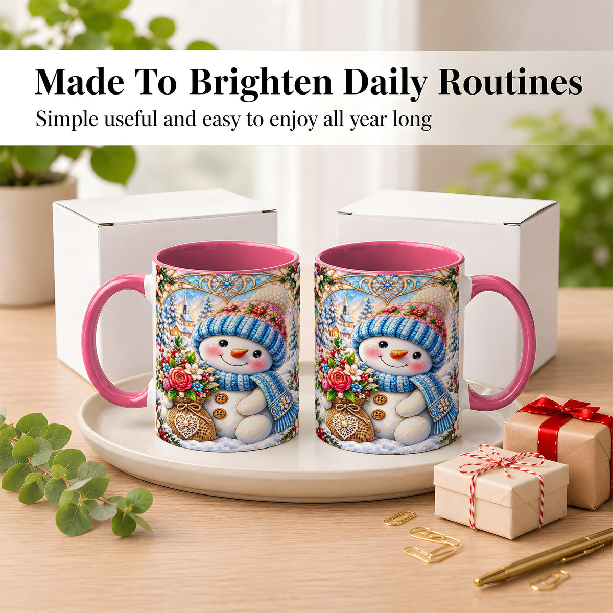 #pl[11oz|Pink] Floral Snowman Coffee Mug, Winter Bouquet Snowman Mug, Ceramic Cup