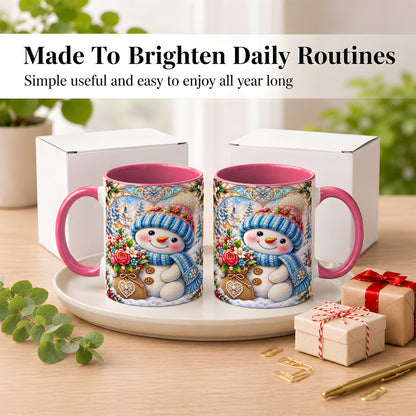 #pl[11oz|Pink] Floral Snowman Coffee Mug, Winter Bouquet Snowman Mug, Ceramic Cup