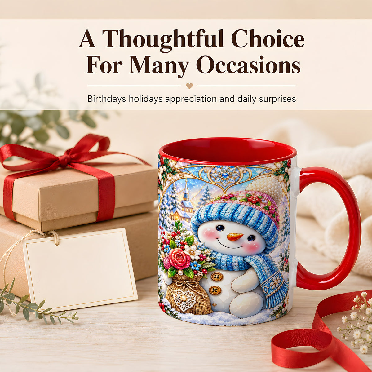 #pl[11oz|Red] Floral Snowman Coffee Mug, Winter Bouquet Snowman Mug, Ceramic Cup