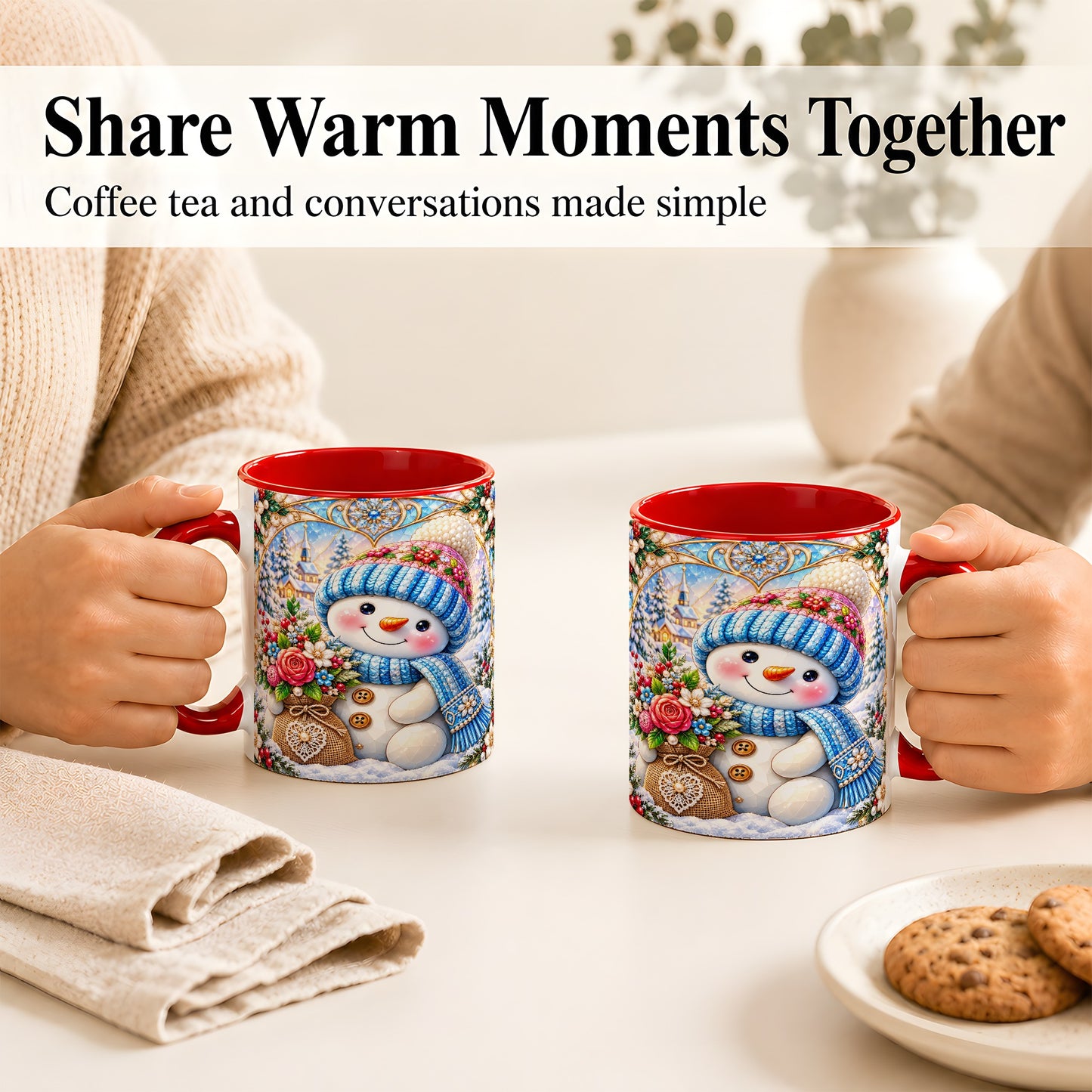 #pl[11oz|Red] Floral Snowman Coffee Mug, Winter Bouquet Snowman Mug, Ceramic Cup