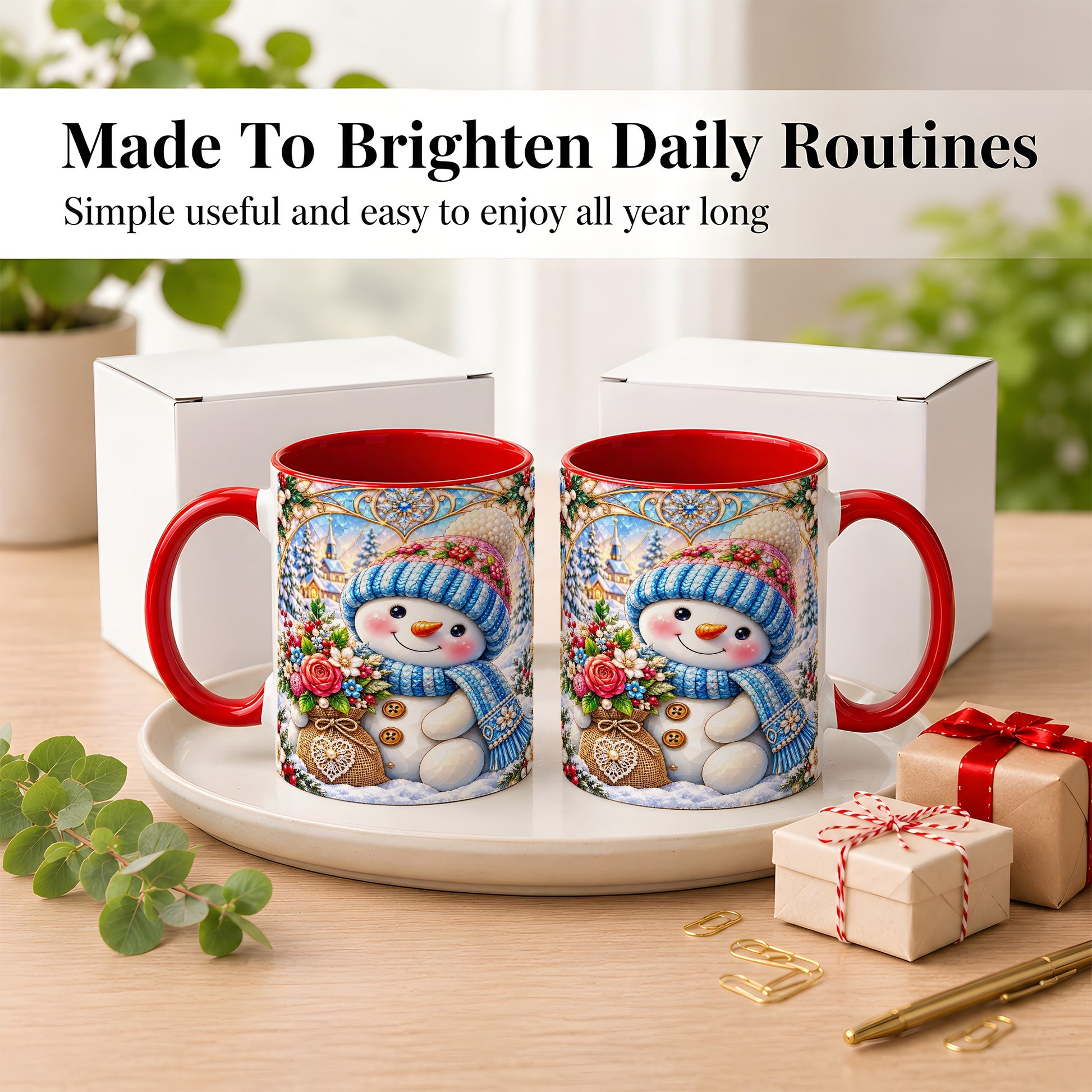 #pl[11oz|Red] Floral Snowman Coffee Mug, Winter Bouquet Snowman Mug, Ceramic Cup