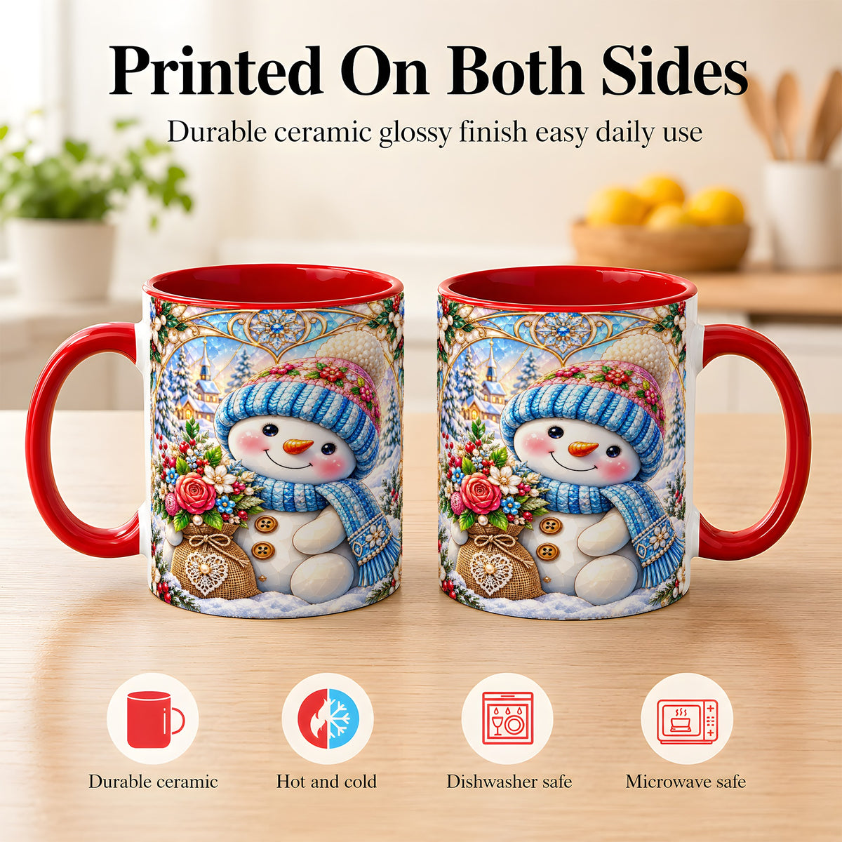 #pl[11oz|Red] Floral Snowman Coffee Mug, Winter Bouquet Snowman Mug, Ceramic Cup