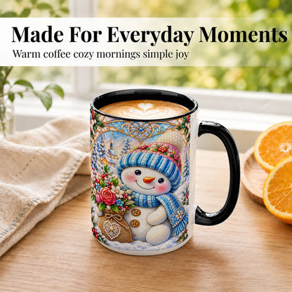 #pl[15oz|Black] Floral Snowman Coffee Mug, Winter Bouquet Snowman Mug, Ceramic Cup