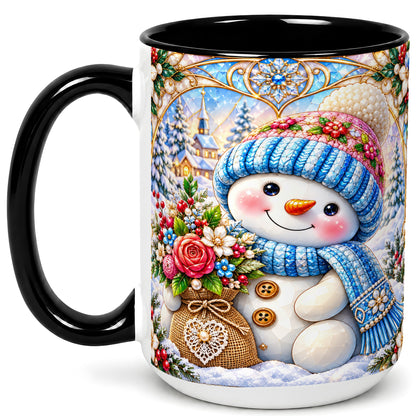 #pl[15oz|Black] Floral Snowman Coffee Mug, Winter Bouquet Snowman Mug, Ceramic Cup