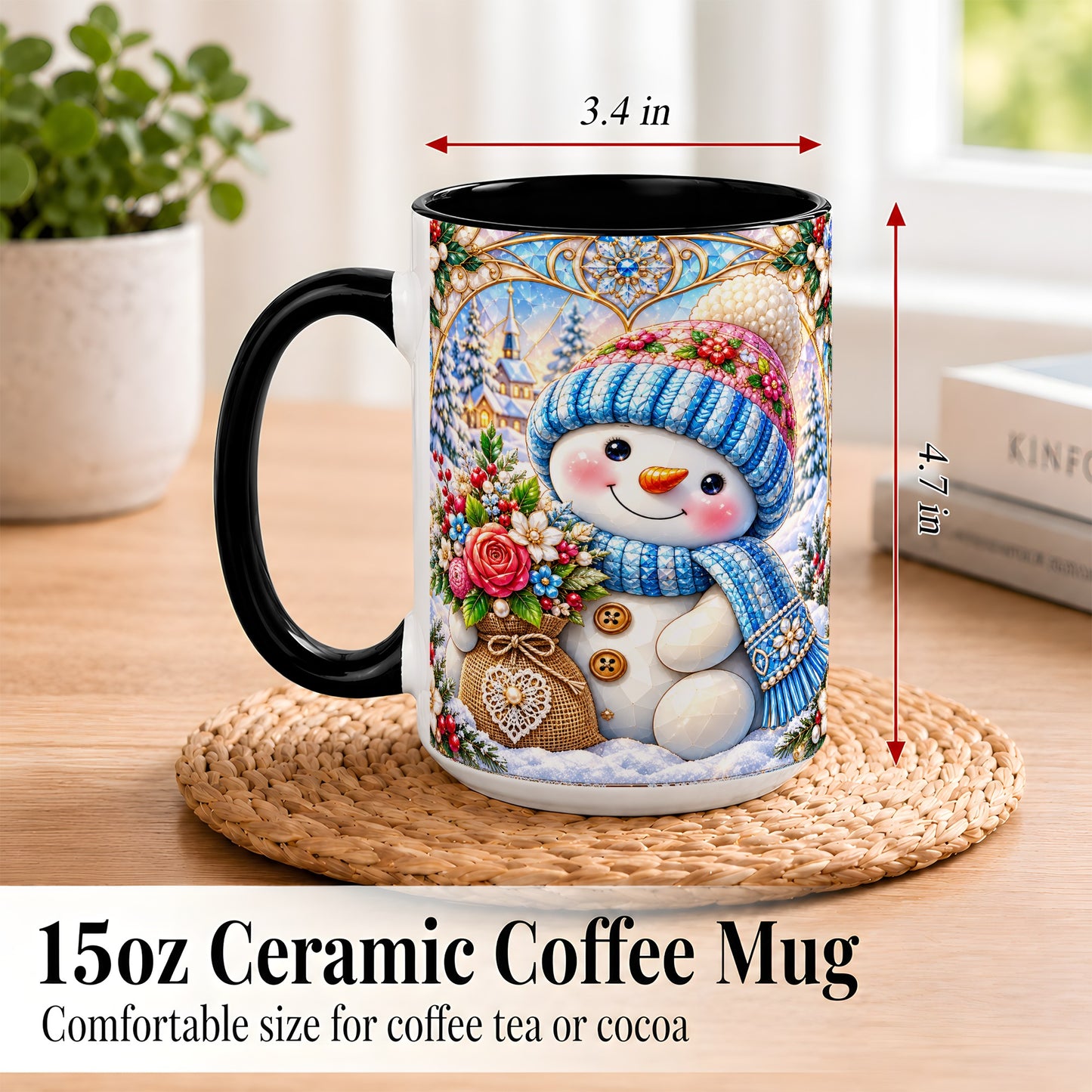 #pl[15oz|Black] Floral Snowman Coffee Mug, Winter Bouquet Snowman Mug, Ceramic Cup