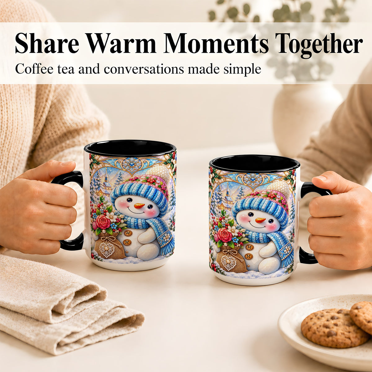 #pl[15oz|Black] Floral Snowman Coffee Mug, Winter Bouquet Snowman Mug, Ceramic Cup
