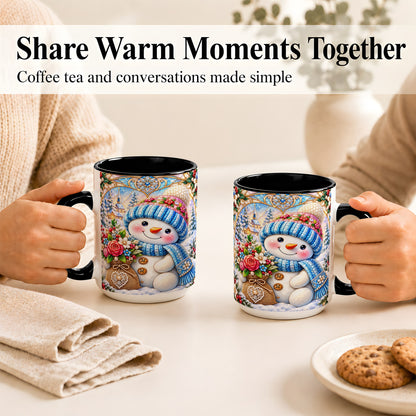 #pl[15oz|Black] Floral Snowman Coffee Mug, Winter Bouquet Snowman Mug, Ceramic Cup