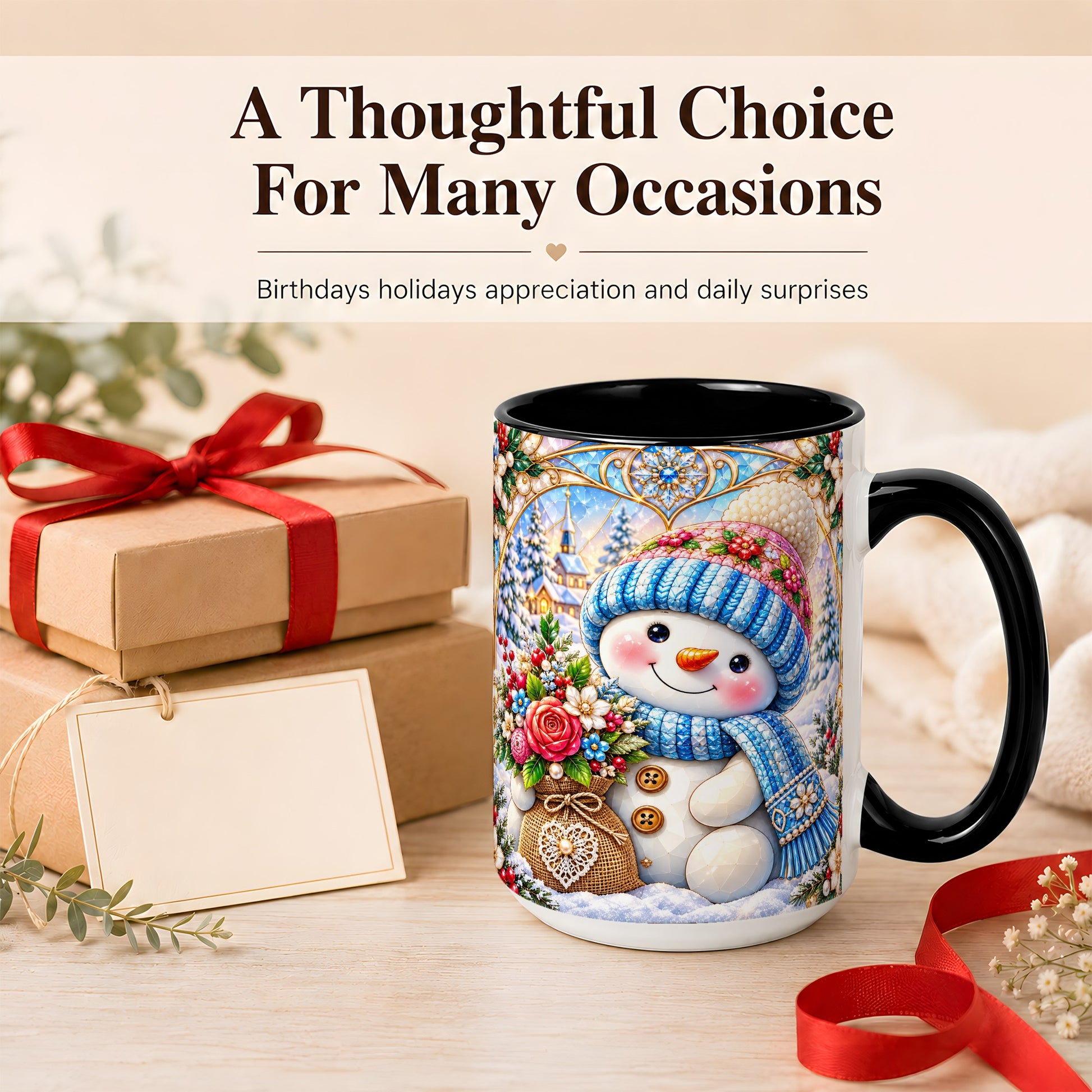 #pl[15oz|Black] Floral Snowman Coffee Mug, Winter Bouquet Snowman Mug, Ceramic Cup