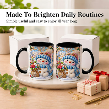#pl[15oz|Black] Floral Snowman Coffee Mug, Winter Bouquet Snowman Mug, Ceramic Cup