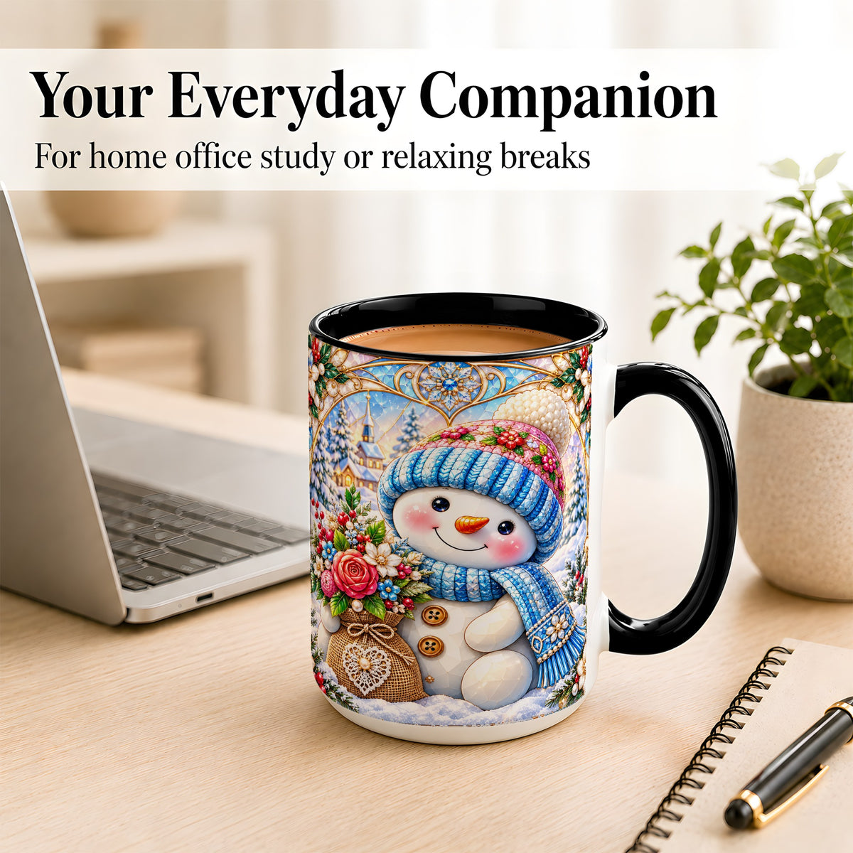#pl[15oz|Black] Floral Snowman Coffee Mug, Winter Bouquet Snowman Mug, Ceramic Cup