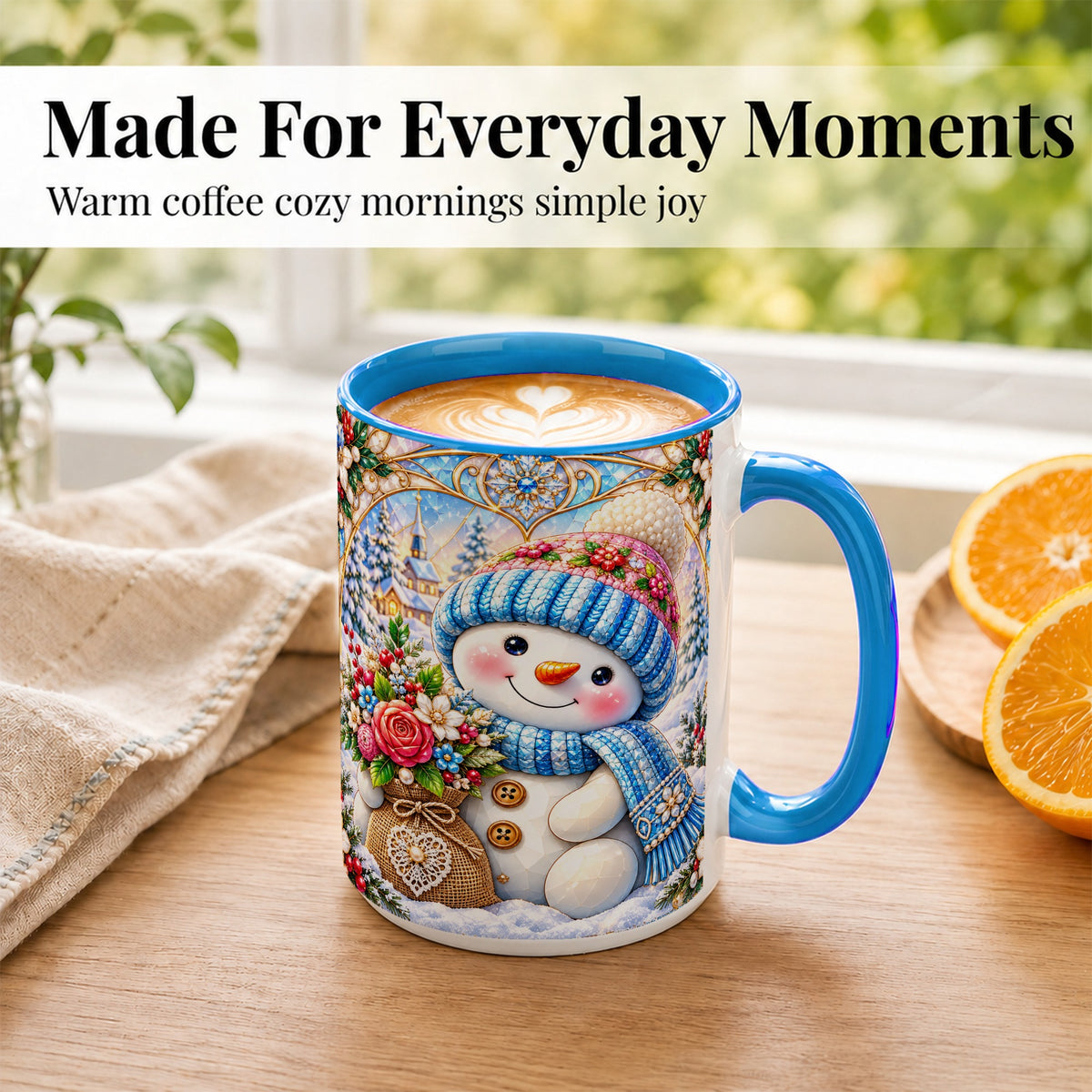#pl[15oz|Blue] Floral Snowman Coffee Mug, Winter Bouquet Snowman Mug, Ceramic Cup
