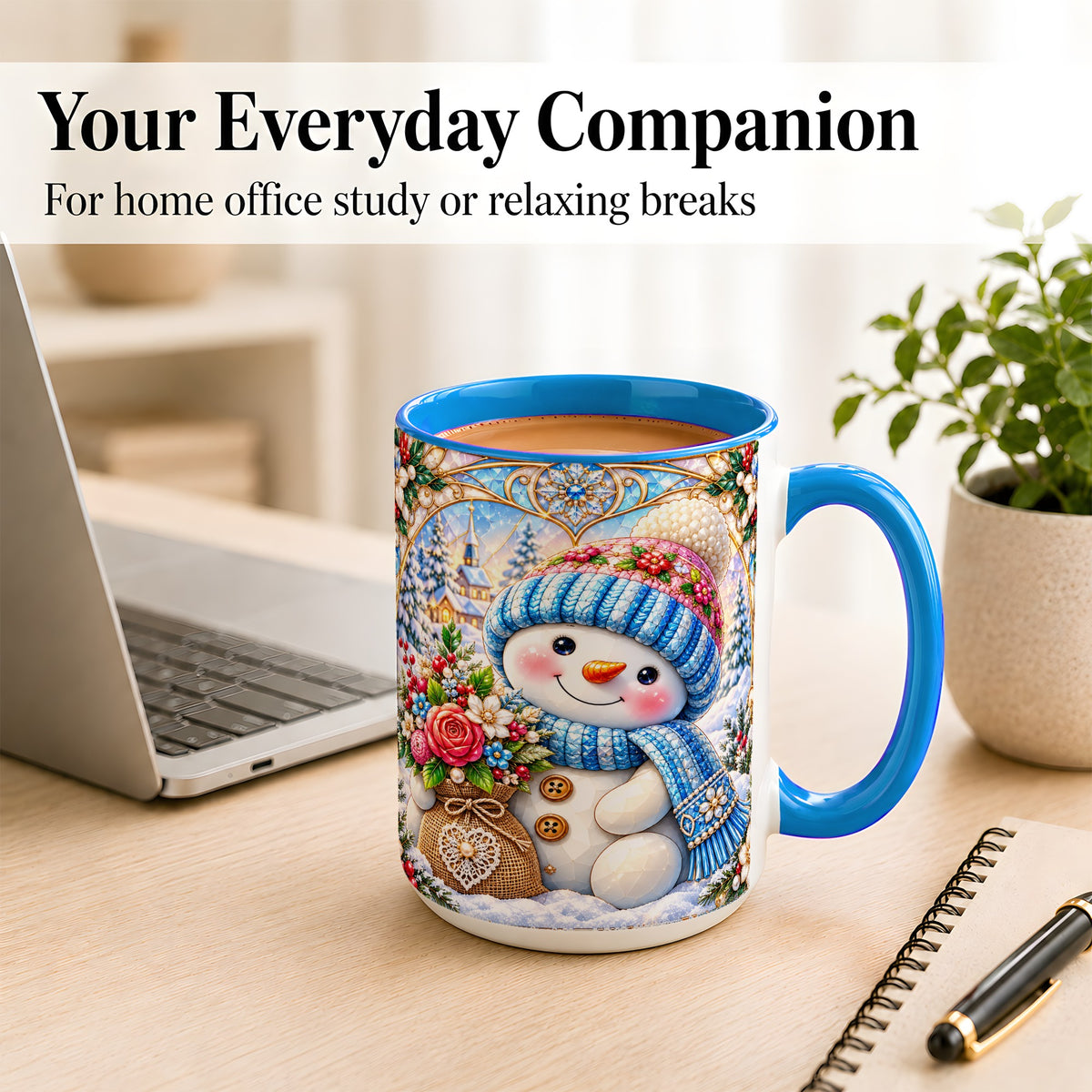 #pl[15oz|Blue] Floral Snowman Coffee Mug, Winter Bouquet Snowman Mug, Ceramic Cup