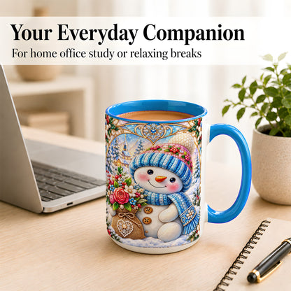 #pl[15oz|Blue] Floral Snowman Coffee Mug, Winter Bouquet Snowman Mug, Ceramic Cup