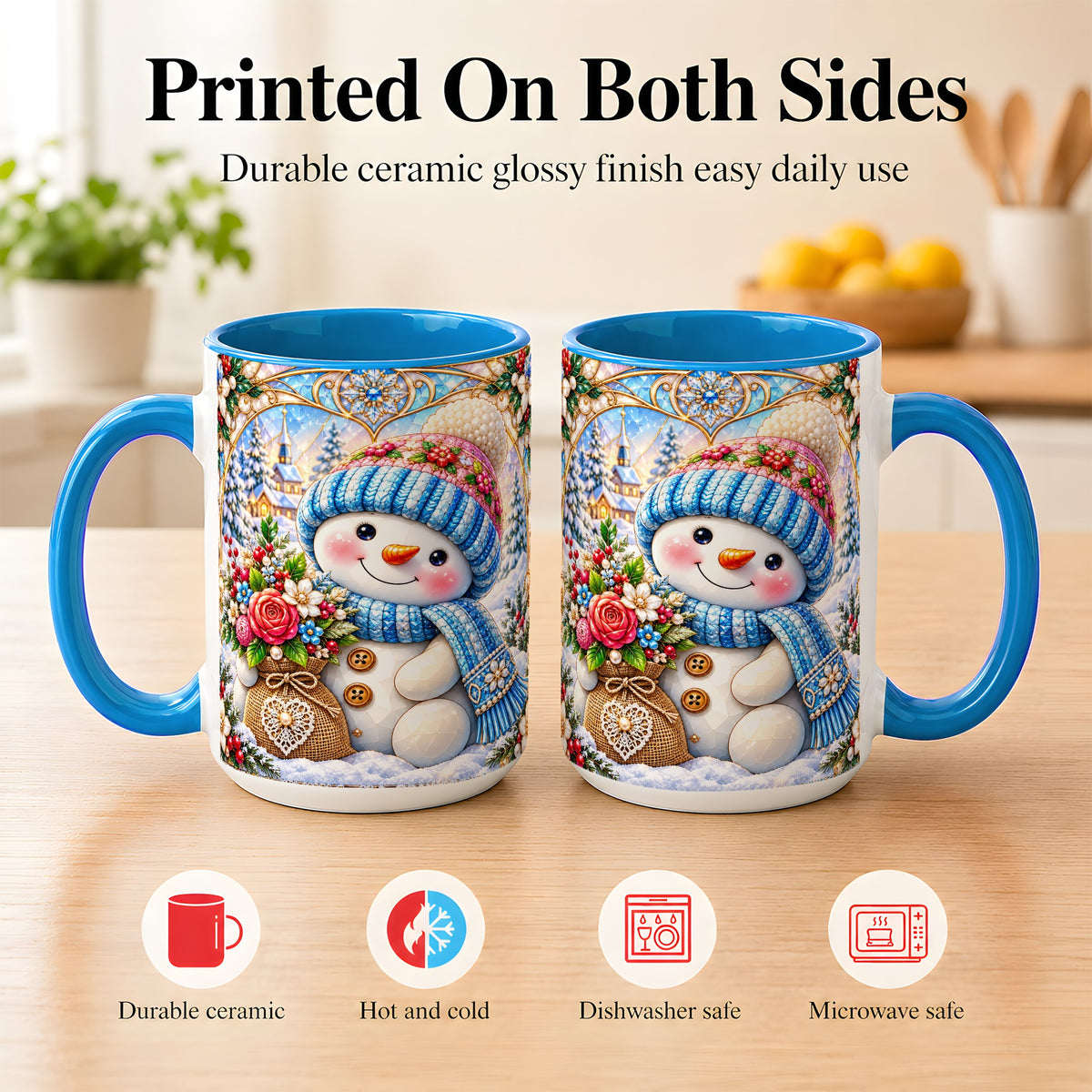 #pl[15oz|Blue] Floral Snowman Coffee Mug, Winter Bouquet Snowman Mug, Ceramic Cup