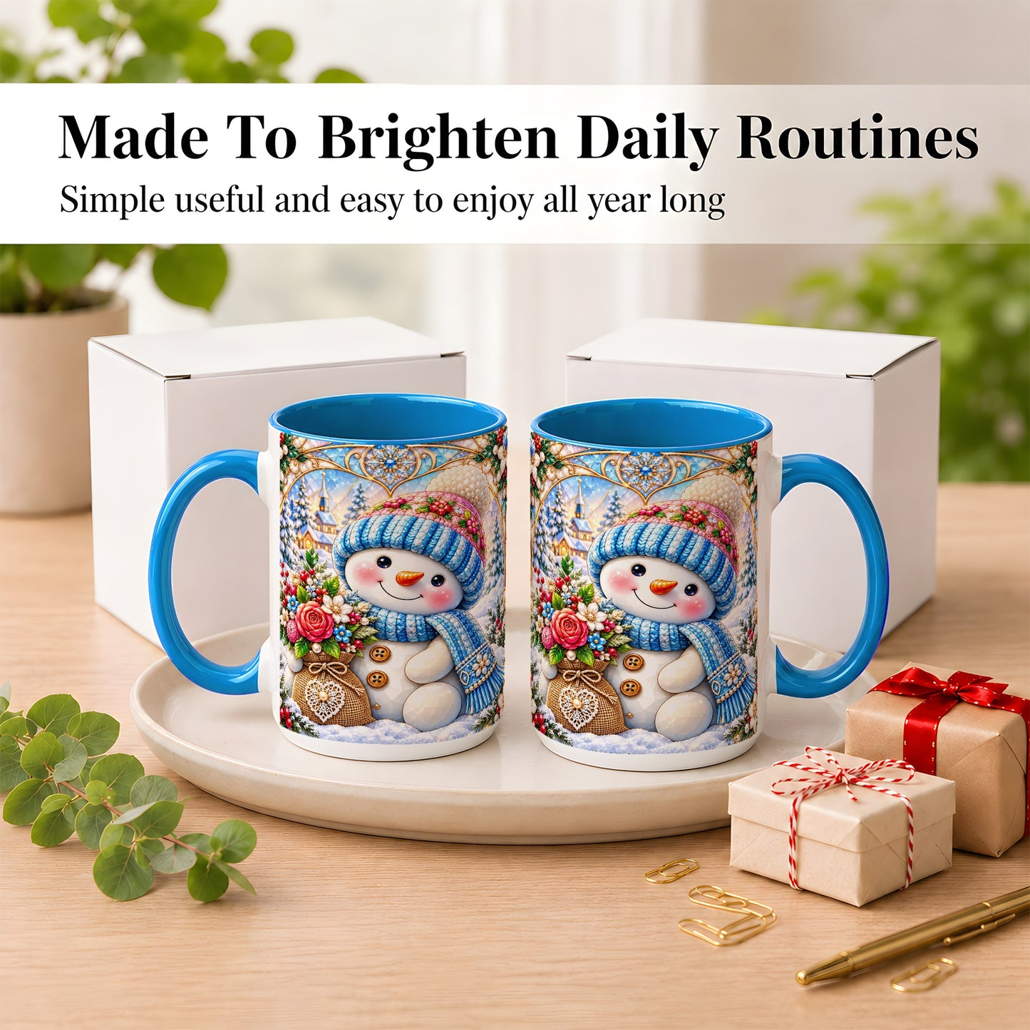 #pl[15oz|Blue] Floral Snowman Coffee Mug, Winter Bouquet Snowman Mug, Ceramic Cup