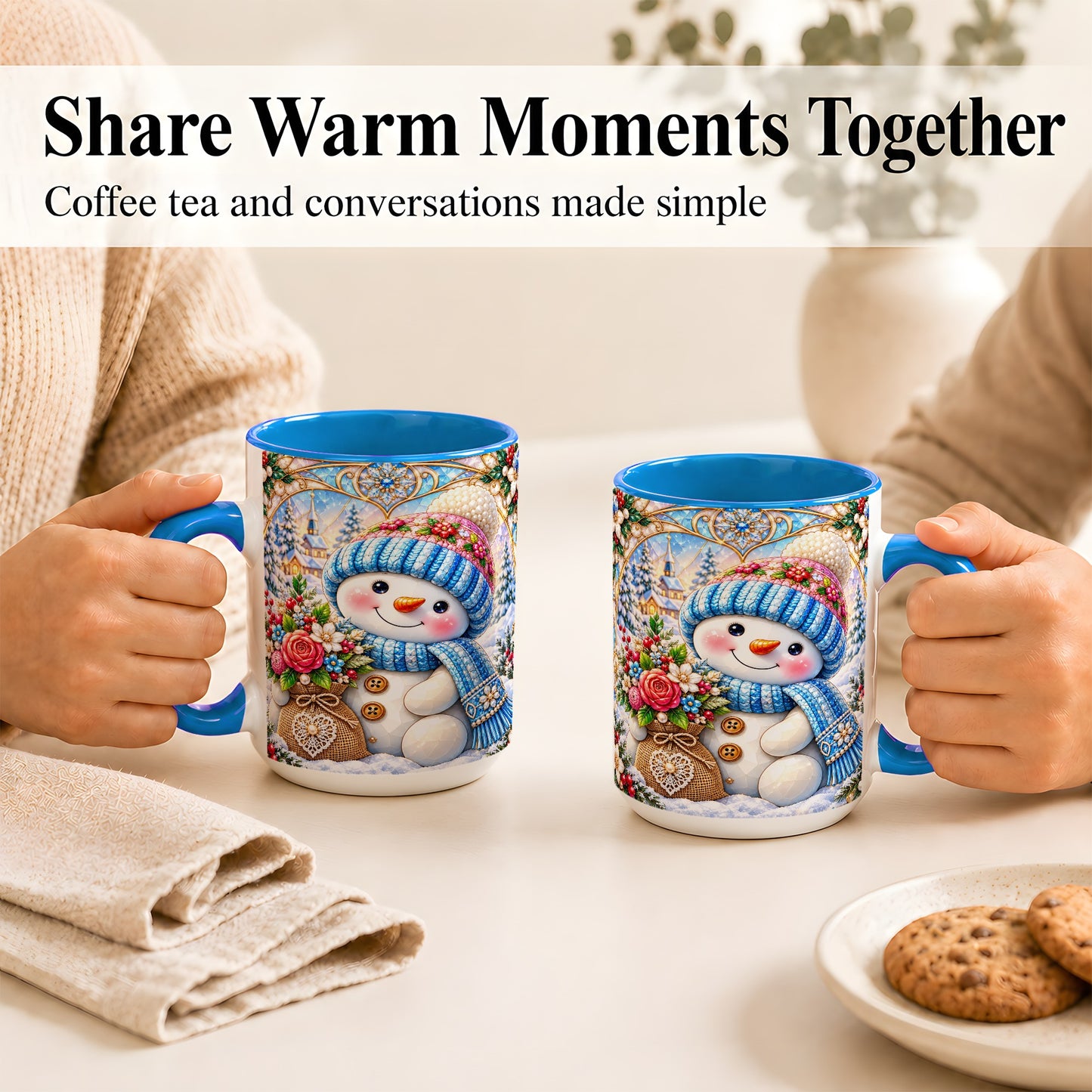 #pl[15oz|Blue] Floral Snowman Coffee Mug, Winter Bouquet Snowman Mug, Ceramic Cup