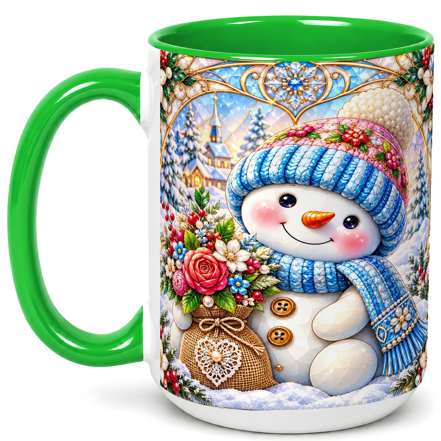 #pl[15oz|Green] Floral Snowman Coffee Mug, Winter Bouquet Snowman Mug, Ceramic Cup