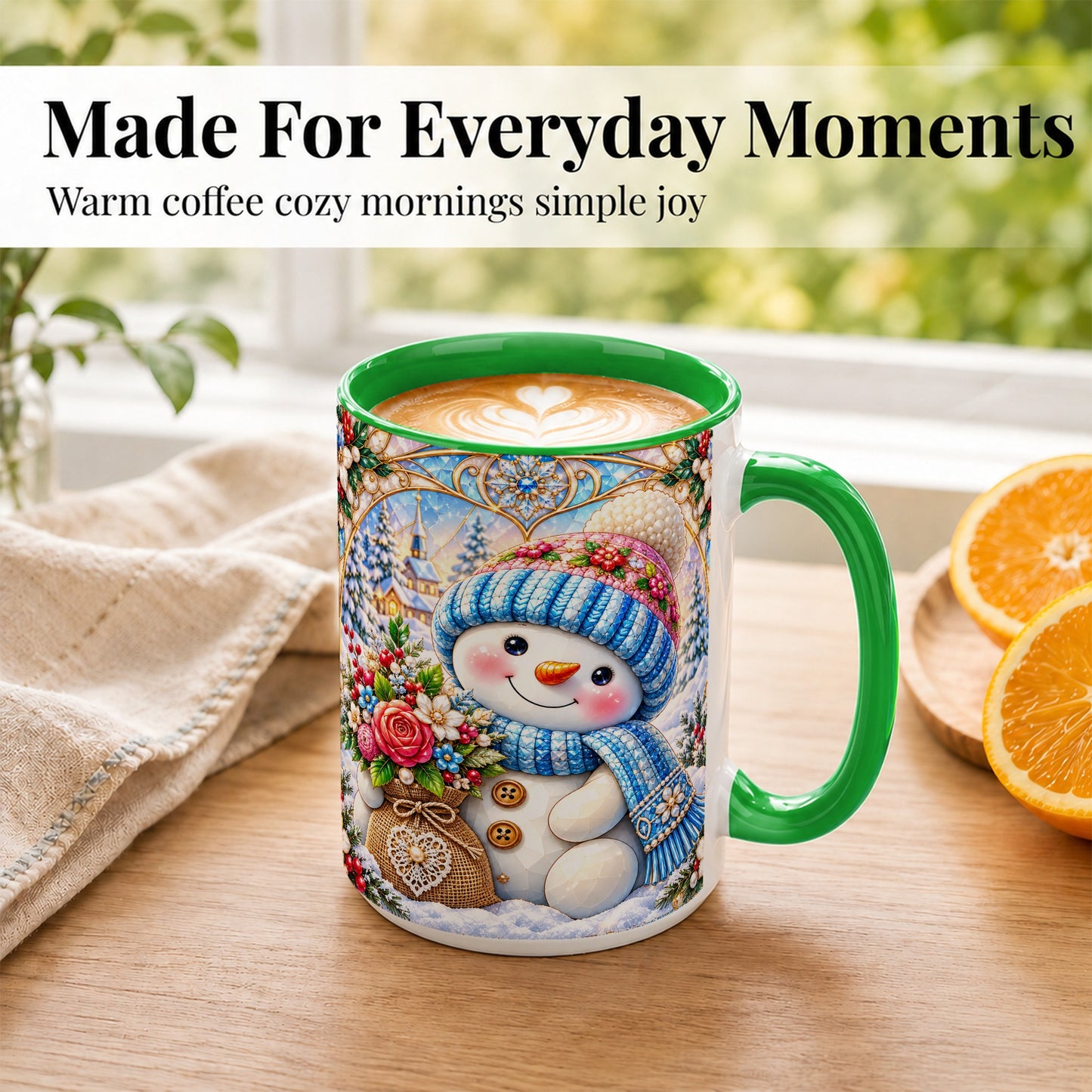 #pl[15oz|Green] Floral Snowman Coffee Mug, Winter Bouquet Snowman Mug, Ceramic Cup