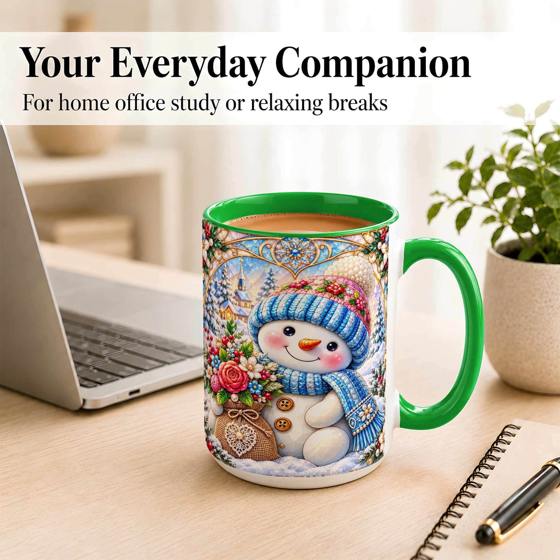 #pl[15oz|Green] Floral Snowman Coffee Mug, Winter Bouquet Snowman Mug, Ceramic Cup