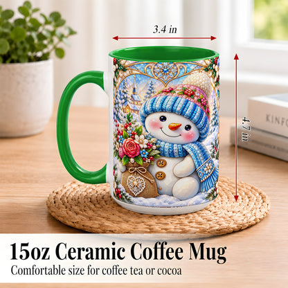 #pl[15oz|Green] Floral Snowman Coffee Mug, Winter Bouquet Snowman Mug, Ceramic Cup