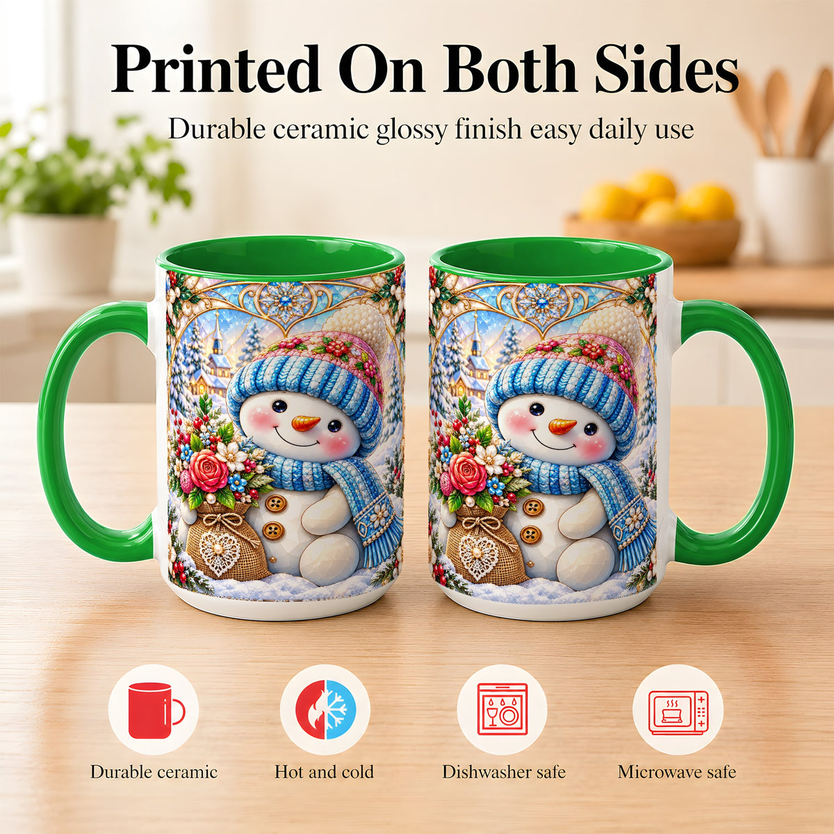 #pl[15oz|Green] Floral Snowman Coffee Mug, Winter Bouquet Snowman Mug, Ceramic Cup
