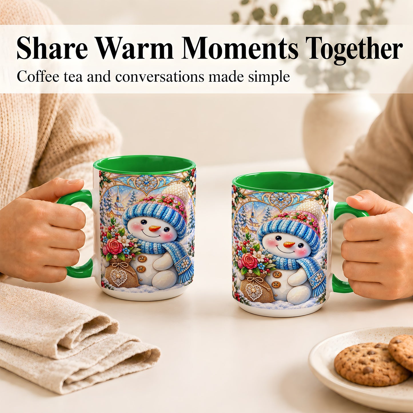 #pl[15oz|Green] Floral Snowman Coffee Mug, Winter Bouquet Snowman Mug, Ceramic Cup