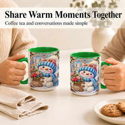 #pl[15oz|Green] Floral Snowman Coffee Mug, Winter Bouquet Snowman Mug, Ceramic Cup