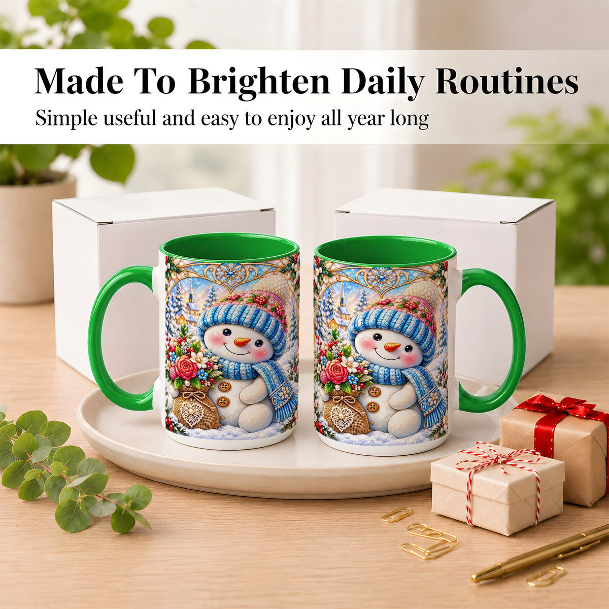#pl[15oz|Green] Floral Snowman Coffee Mug, Winter Bouquet Snowman Mug, Ceramic Cup