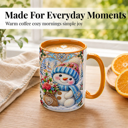 #pl[15oz|Orange] Floral Snowman Coffee Mug, Winter Bouquet Snowman Mug, Ceramic Cup