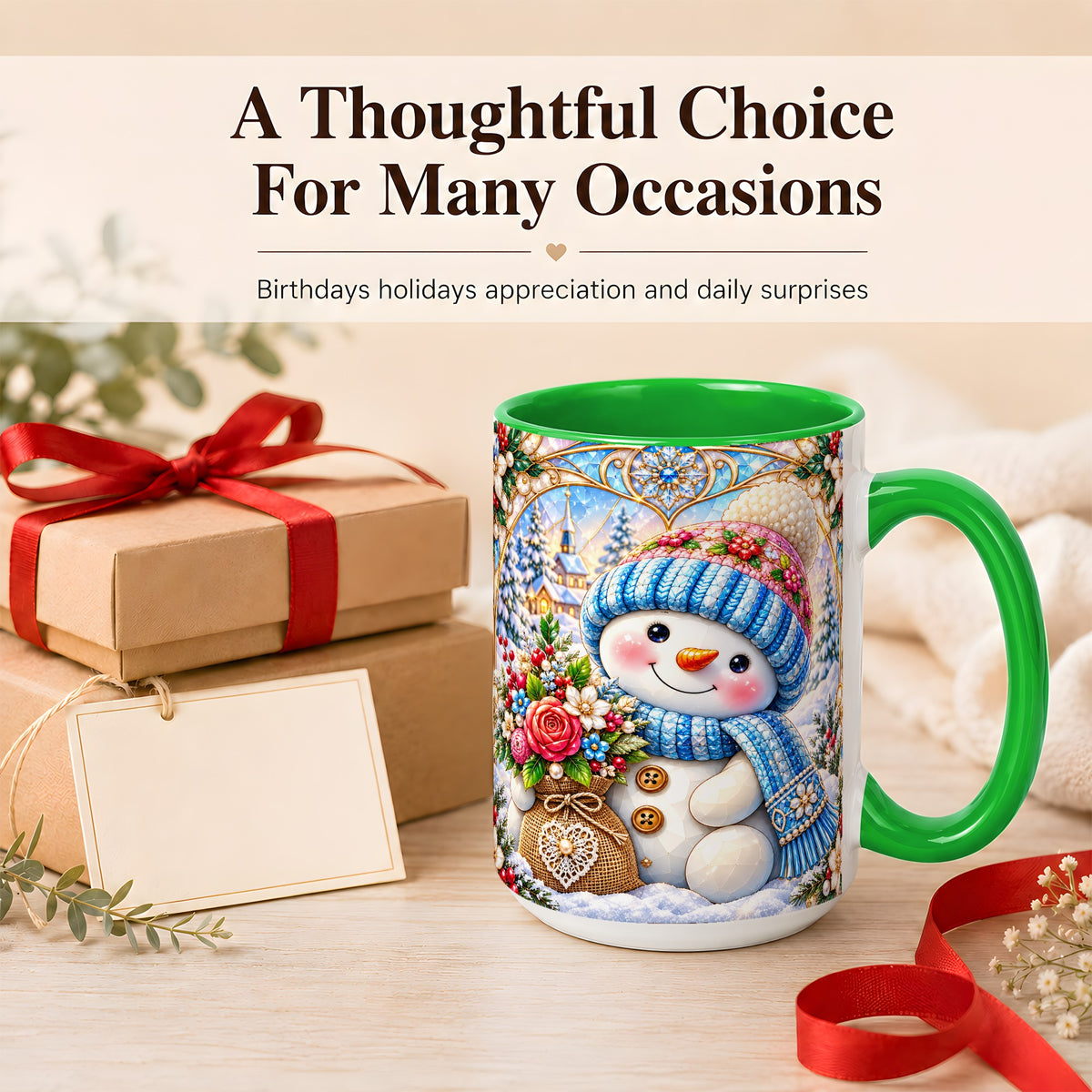 #pl[15oz|Green] Floral Snowman Coffee Mug, Winter Bouquet Snowman Mug, Ceramic Cup