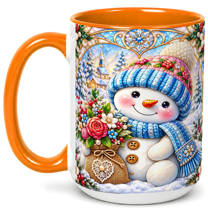 #pl[15oz|Orange] Floral Snowman Coffee Mug, Winter Bouquet Snowman Mug, Ceramic Cup