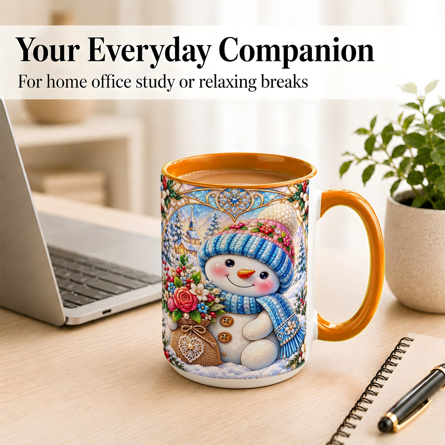 #pl[15oz|Orange] Floral Snowman Coffee Mug, Winter Bouquet Snowman Mug, Ceramic Cup
