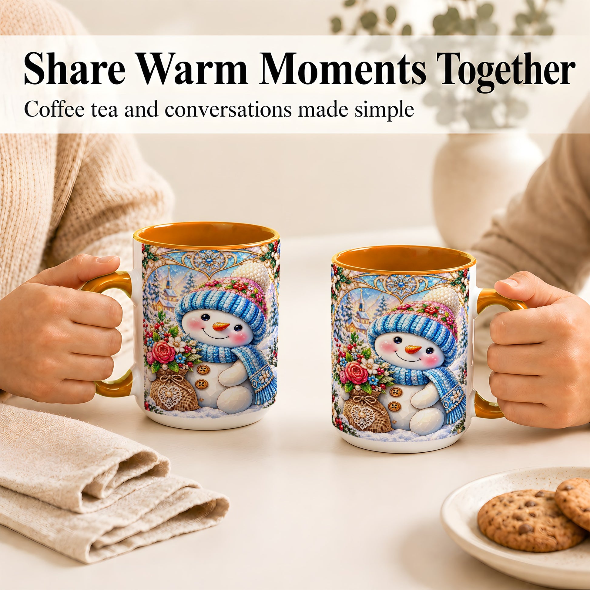 #pl[15oz|Orange] Floral Snowman Coffee Mug, Winter Bouquet Snowman Mug, Ceramic Cup