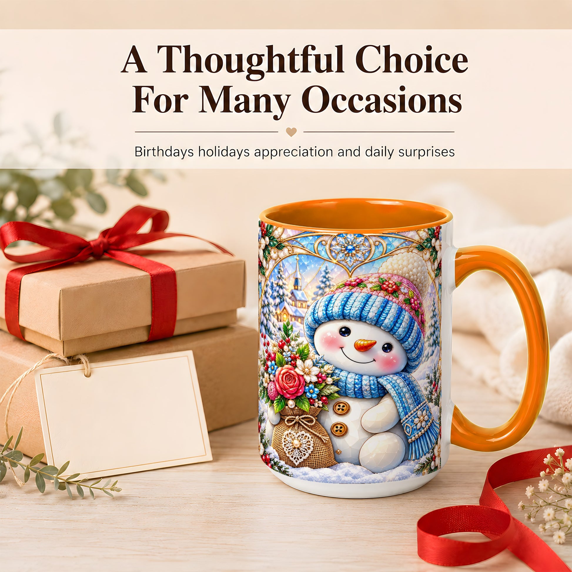 #pl[15oz|Orange] Floral Snowman Coffee Mug, Winter Bouquet Snowman Mug, Ceramic Cup