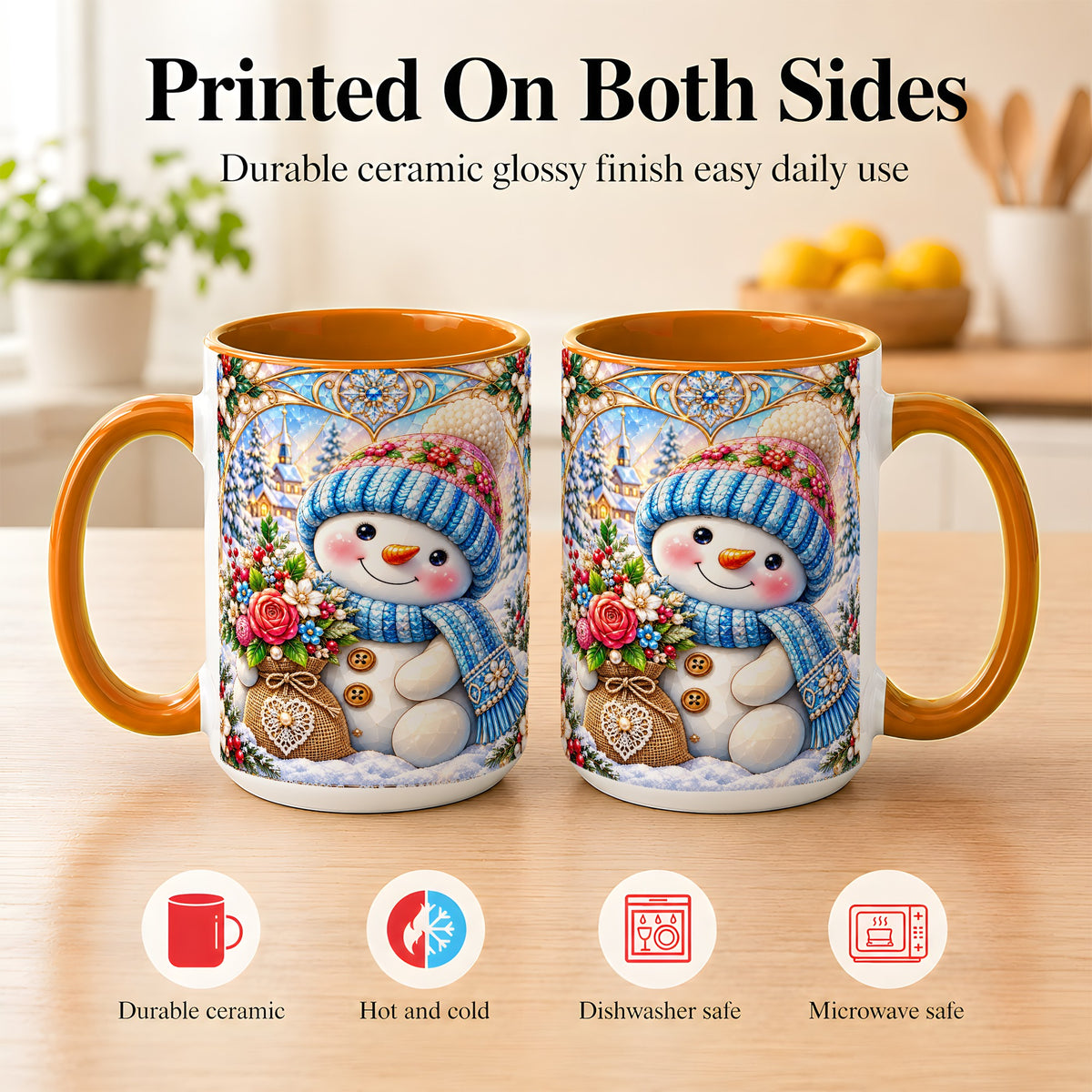 #pl[15oz|Orange] Floral Snowman Coffee Mug, Winter Bouquet Snowman Mug, Ceramic Cup