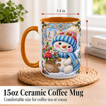 #pl[15oz|Orange] Floral Snowman Coffee Mug, Winter Bouquet Snowman Mug, Ceramic Cup