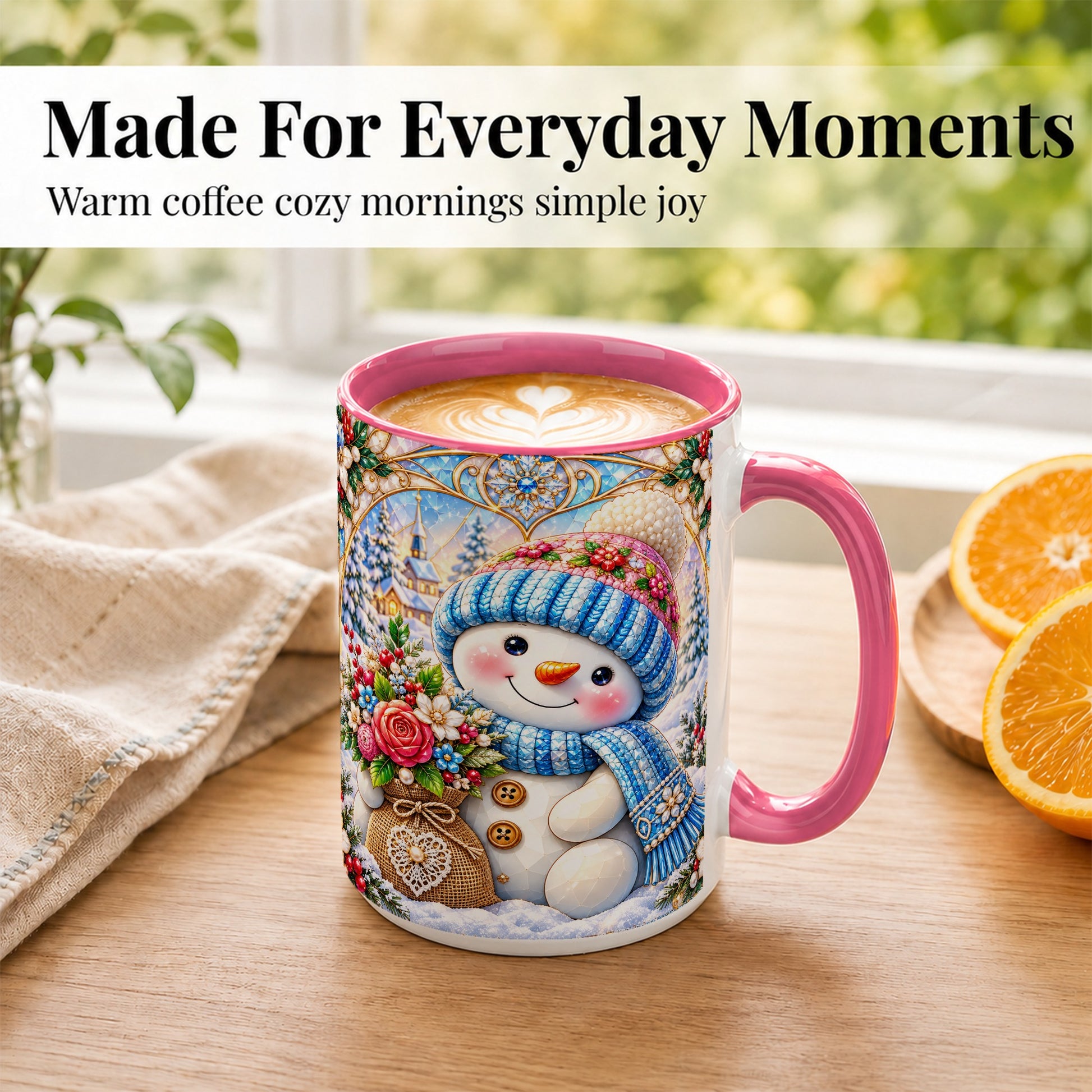 #pl[15oz|Pink] Floral Snowman Coffee Mug, Winter Bouquet Snowman Mug, Ceramic Cup