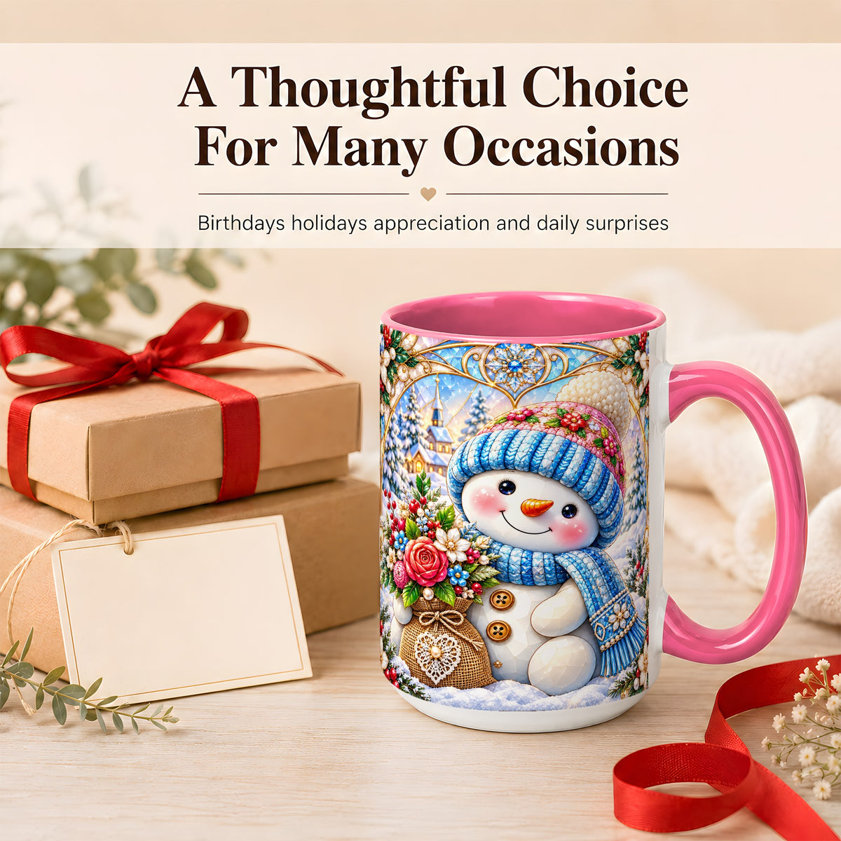 #pl[15oz|Pink] Floral Snowman Coffee Mug, Winter Bouquet Snowman Mug, Ceramic Cup