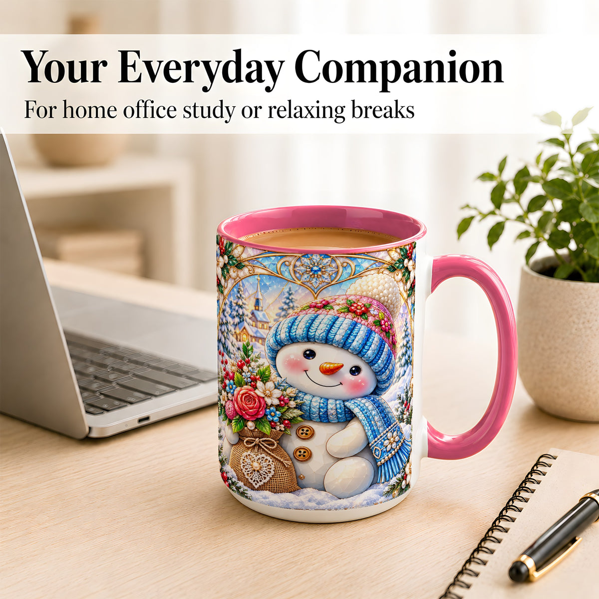 #pl[15oz|Pink] Floral Snowman Coffee Mug, Winter Bouquet Snowman Mug, Ceramic Cup