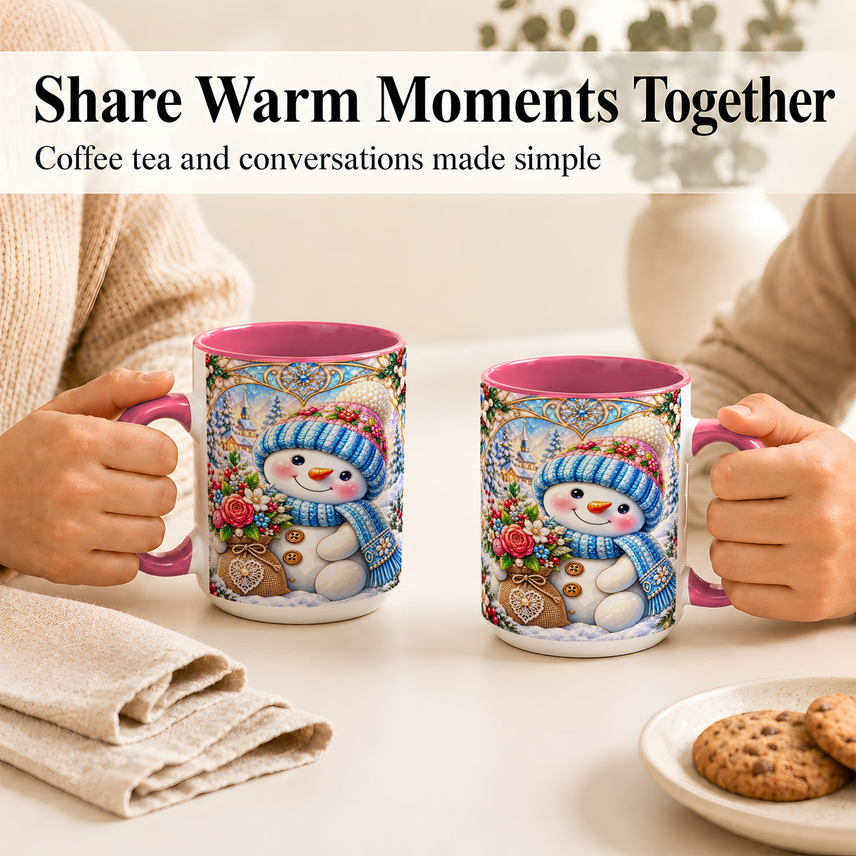 #pl[15oz|Pink] Floral Snowman Coffee Mug, Winter Bouquet Snowman Mug, Ceramic Cup
