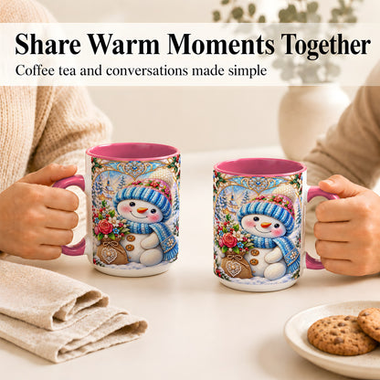 #pl[15oz|Pink] Floral Snowman Coffee Mug, Winter Bouquet Snowman Mug, Ceramic Cup
