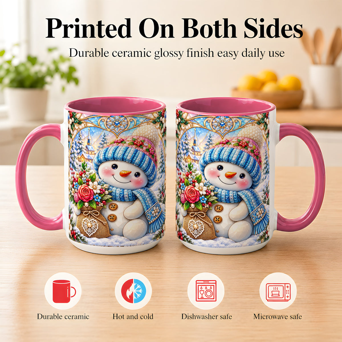 #pl[15oz|Pink] Floral Snowman Coffee Mug, Winter Bouquet Snowman Mug, Ceramic Cup