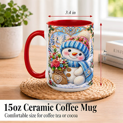 #pl[15oz|Red] Floral Snowman Coffee Mug, Winter Bouquet Snowman Mug, Ceramic Cup
