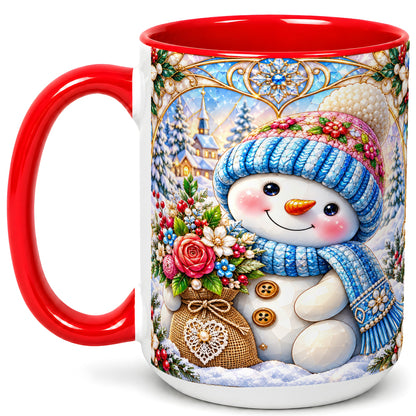 #pl[15oz|Red] Floral Snowman Coffee Mug, Winter Bouquet Snowman Mug, Ceramic Cup