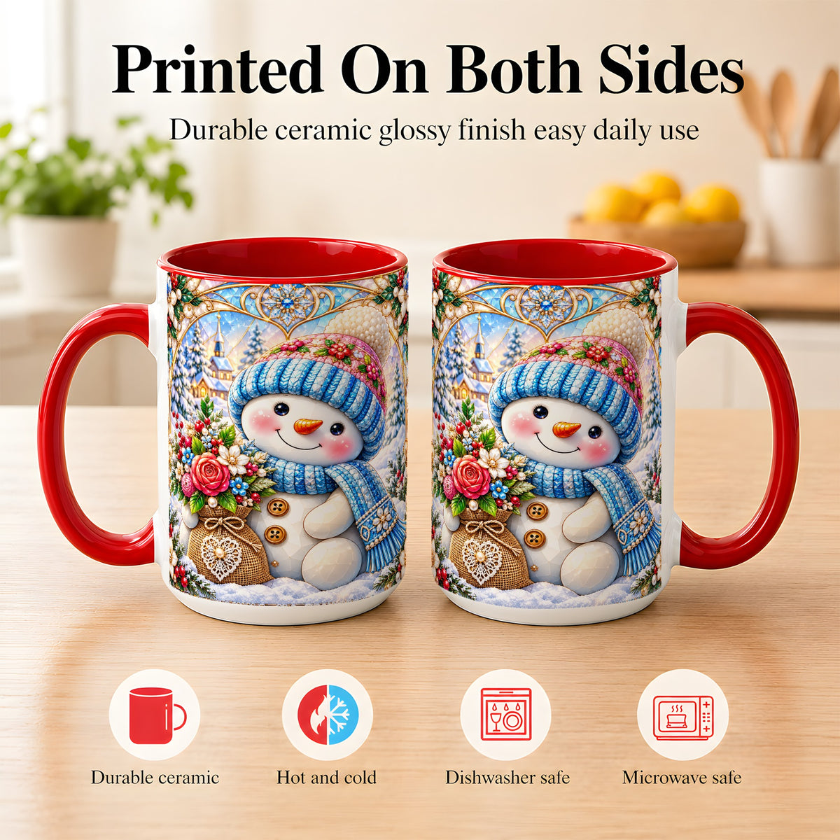 #pl[15oz|Red] Floral Snowman Coffee Mug, Winter Bouquet Snowman Mug, Ceramic Cup