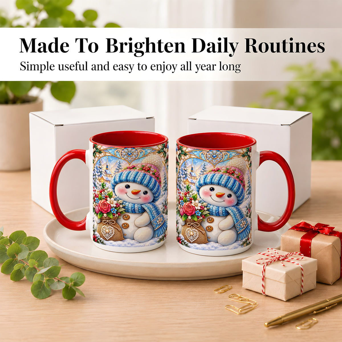 #pl[15oz|Red] Floral Snowman Coffee Mug, Winter Bouquet Snowman Mug, Ceramic Cup