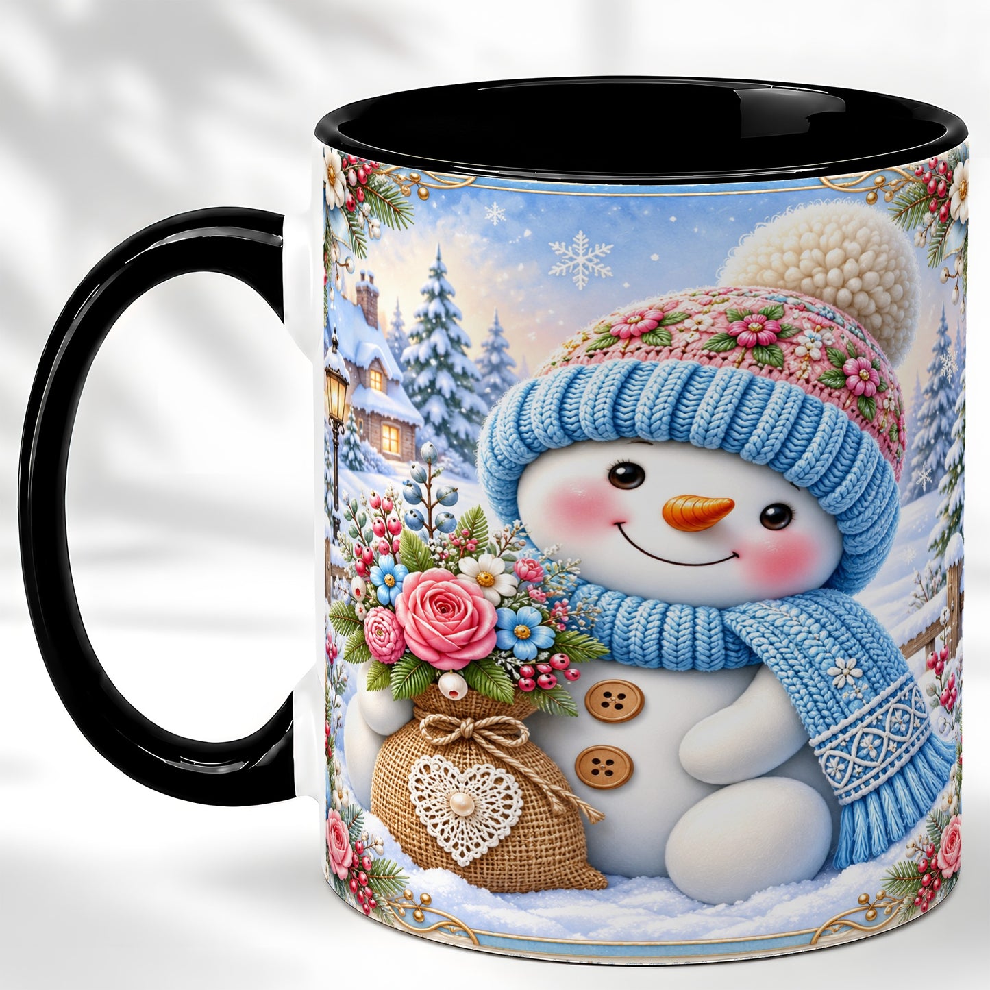 #pl[11oz|Black] Snowman Bouquet Coffee Mug, Winter Floral Mug, Ceramic Cup