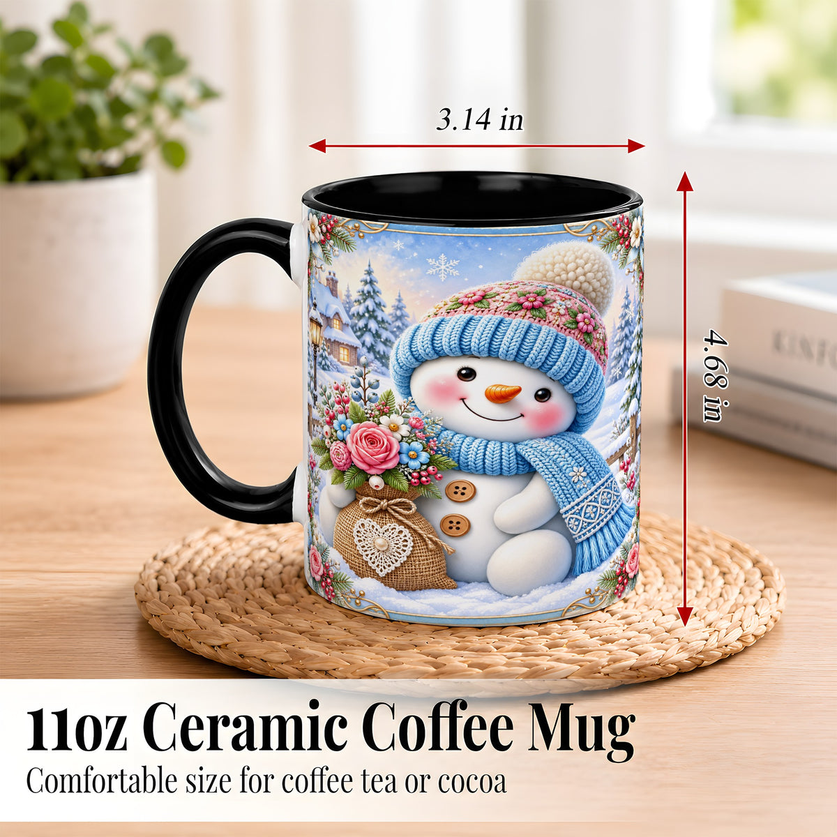 #pl[11oz|Black] Snowman Bouquet Coffee Mug, Winter Floral Mug, Ceramic Cup